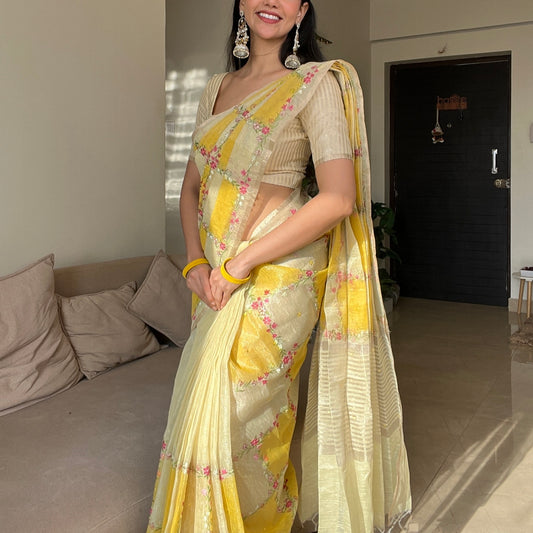 Yellow Floral Embroidery Tissue Kota Saree