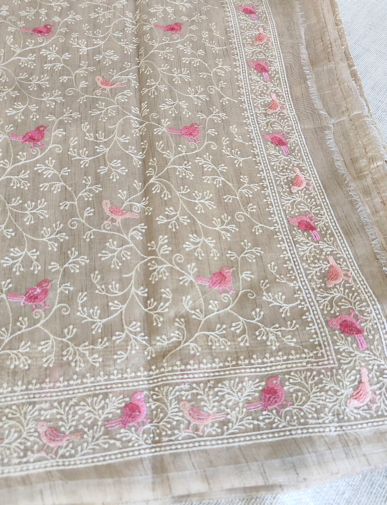 Beige Tussar Bird Embroidery Saree