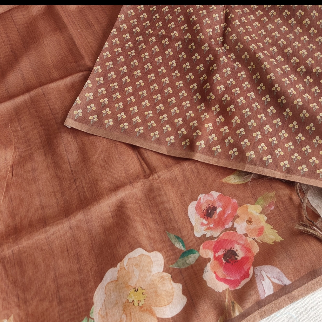 Mild Brown Chanderi Floral Print Saree