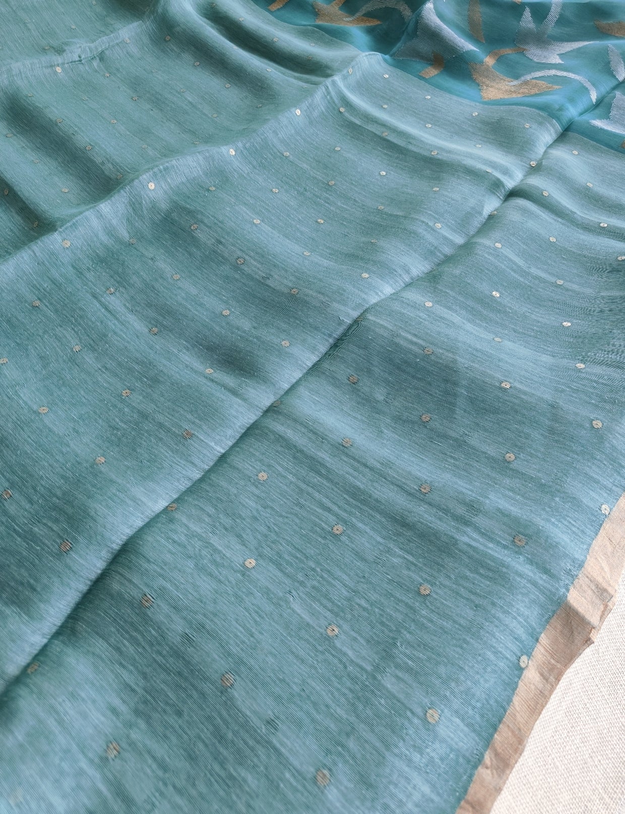 Teal Green Silk Linen Sequin Muslin Jamdhani Pallu Saree