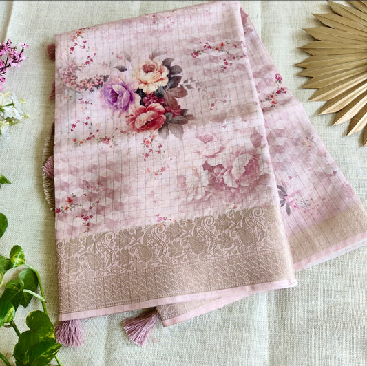 Blush Pink Floral Chappa Silk Saree