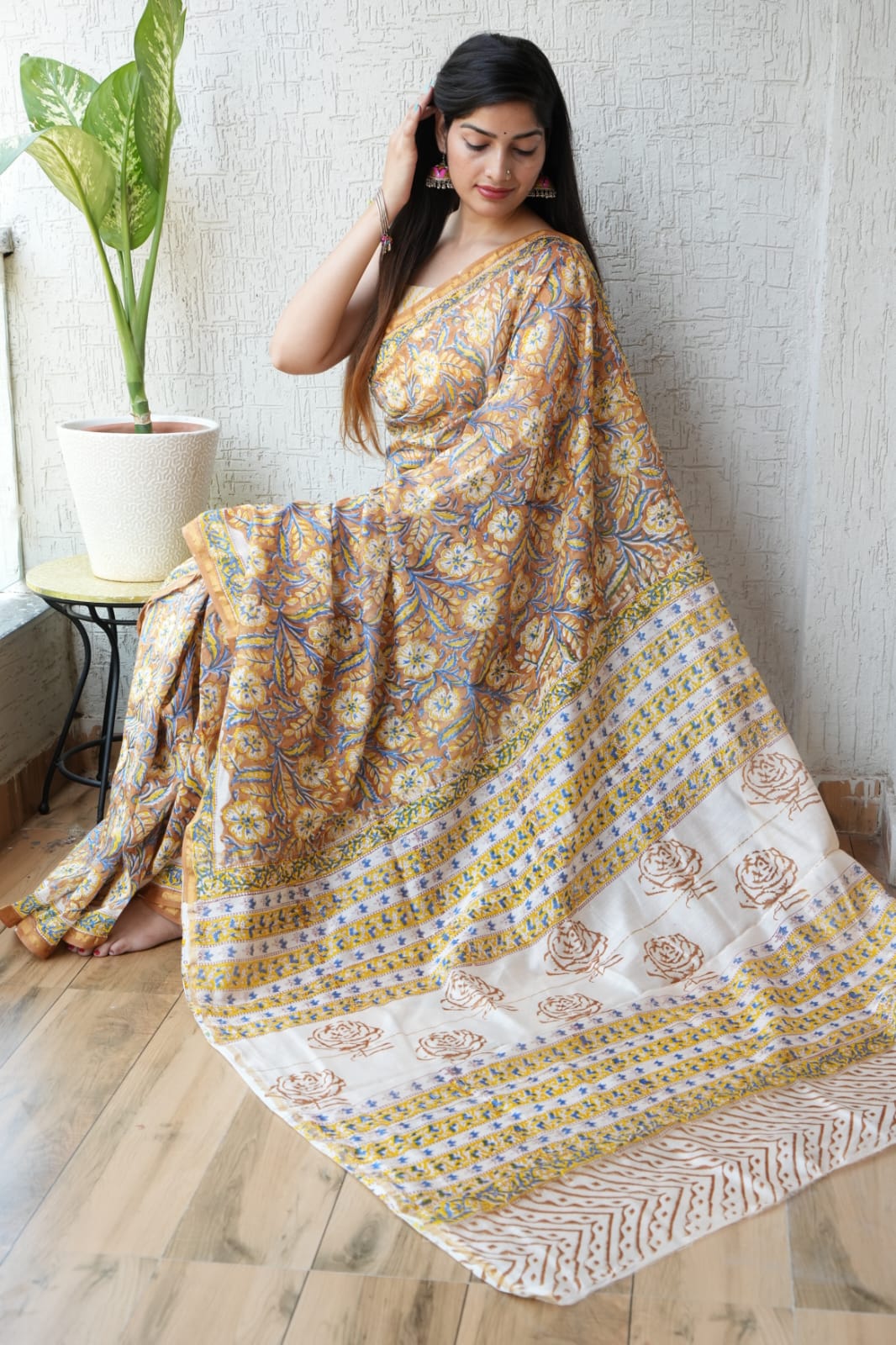 Off white yellow Floral Chanderi Silk Cotton Saree