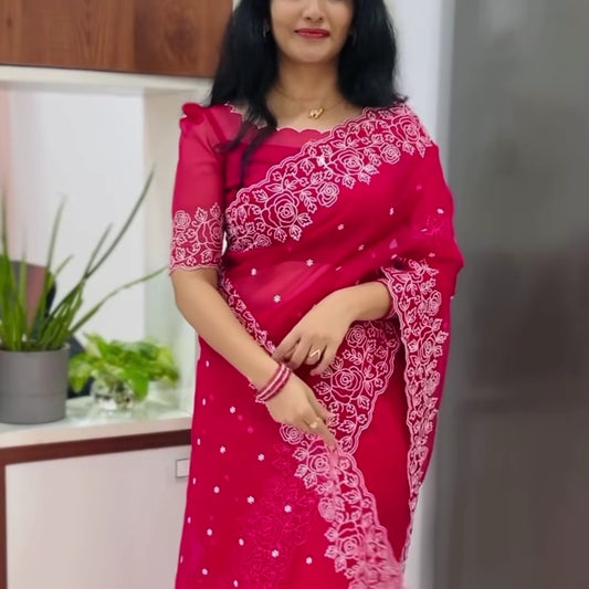 Red Floral Scallop Embroidery Organza Saree