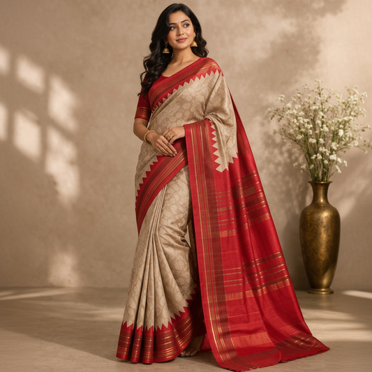 Beige n Red Peacock Pure Tussar Silk Saree