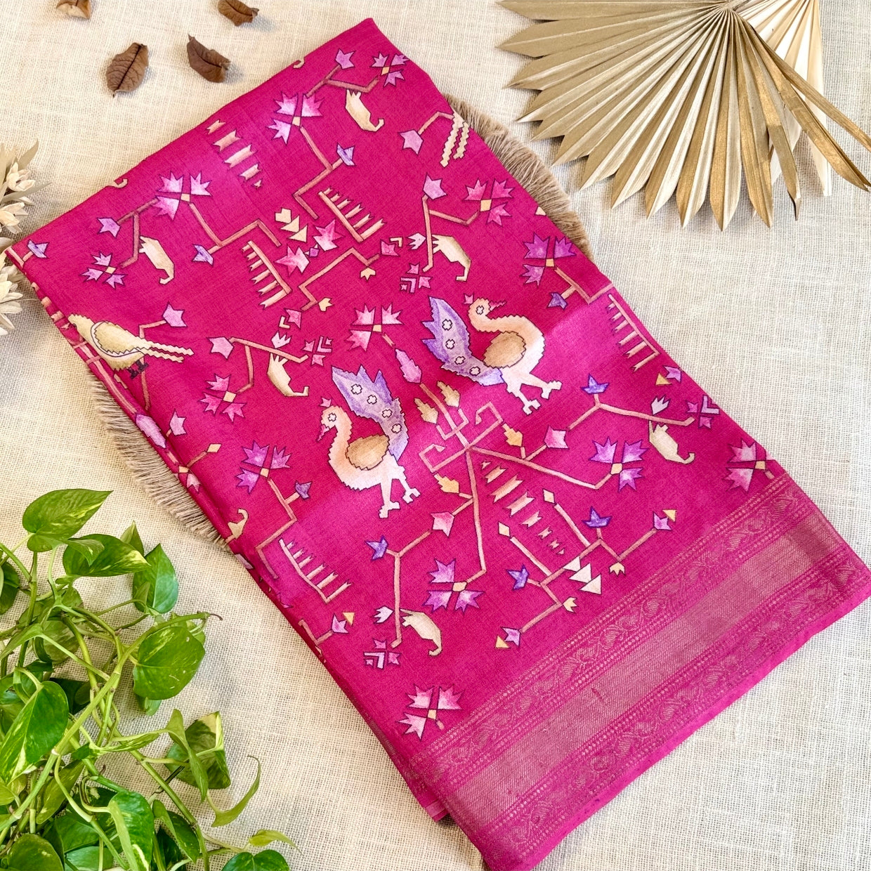 Rich Pink Digital Printed Pure Tussar Silk