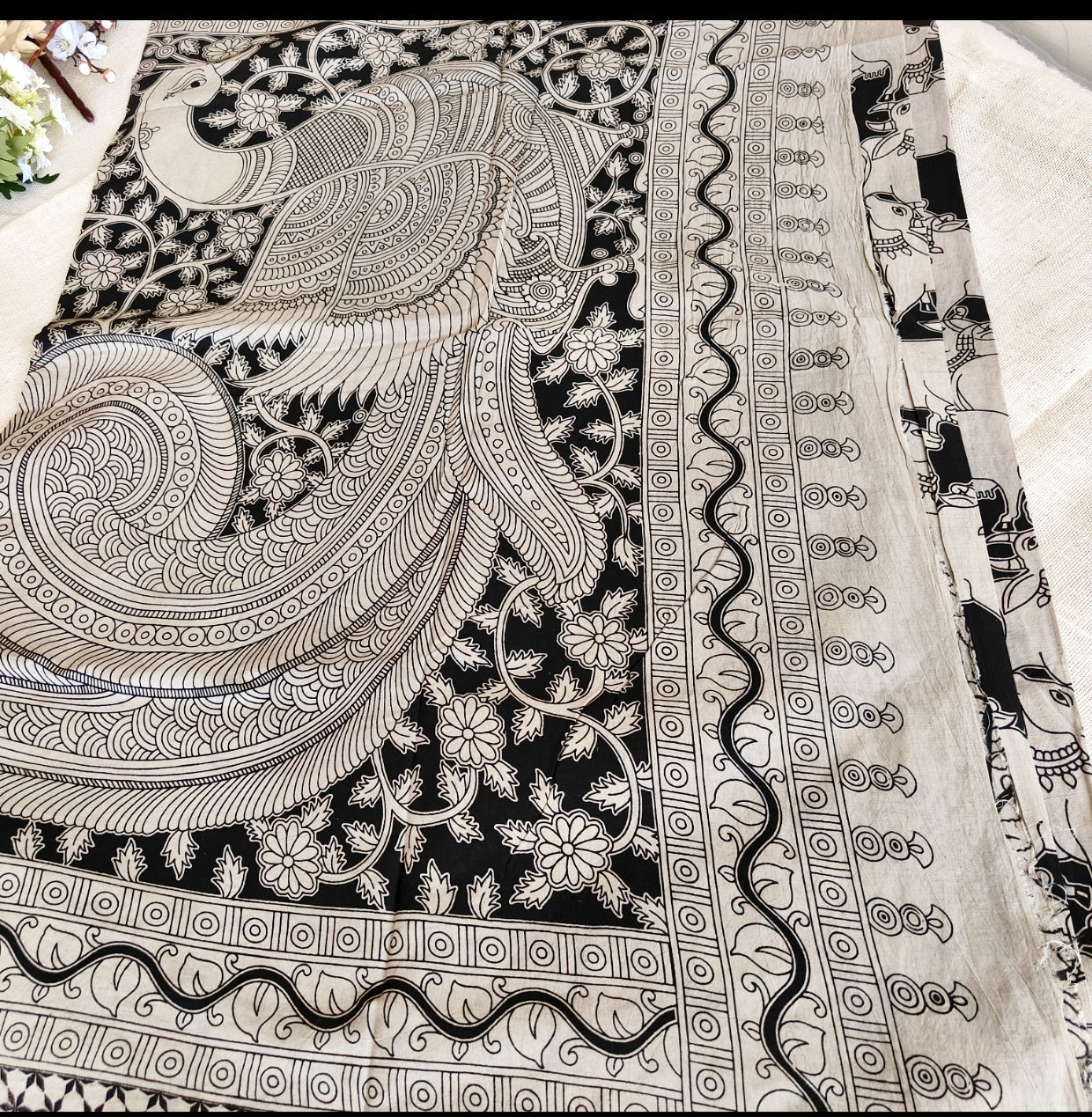 Black and White Cow pattern Kalamkari Cotton Saree