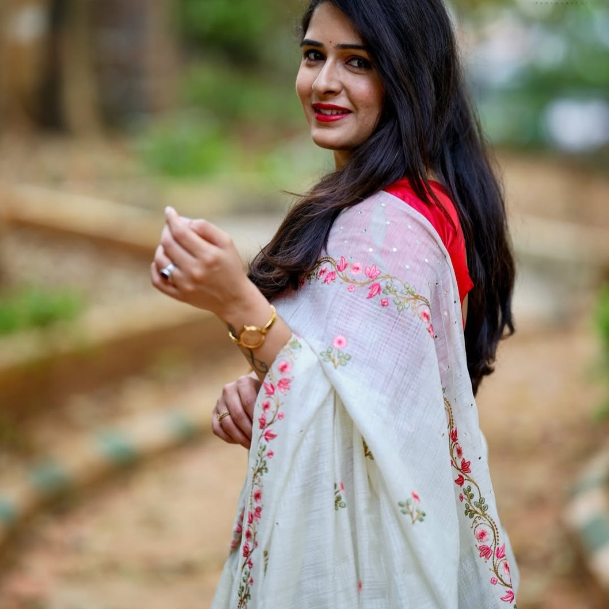 White Floral Embroidery Linen Mirror Saree