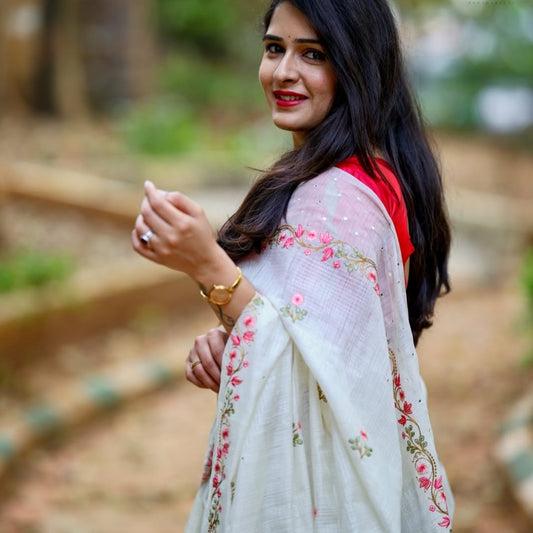 White Floral Embroidery Linen Mirror Saree