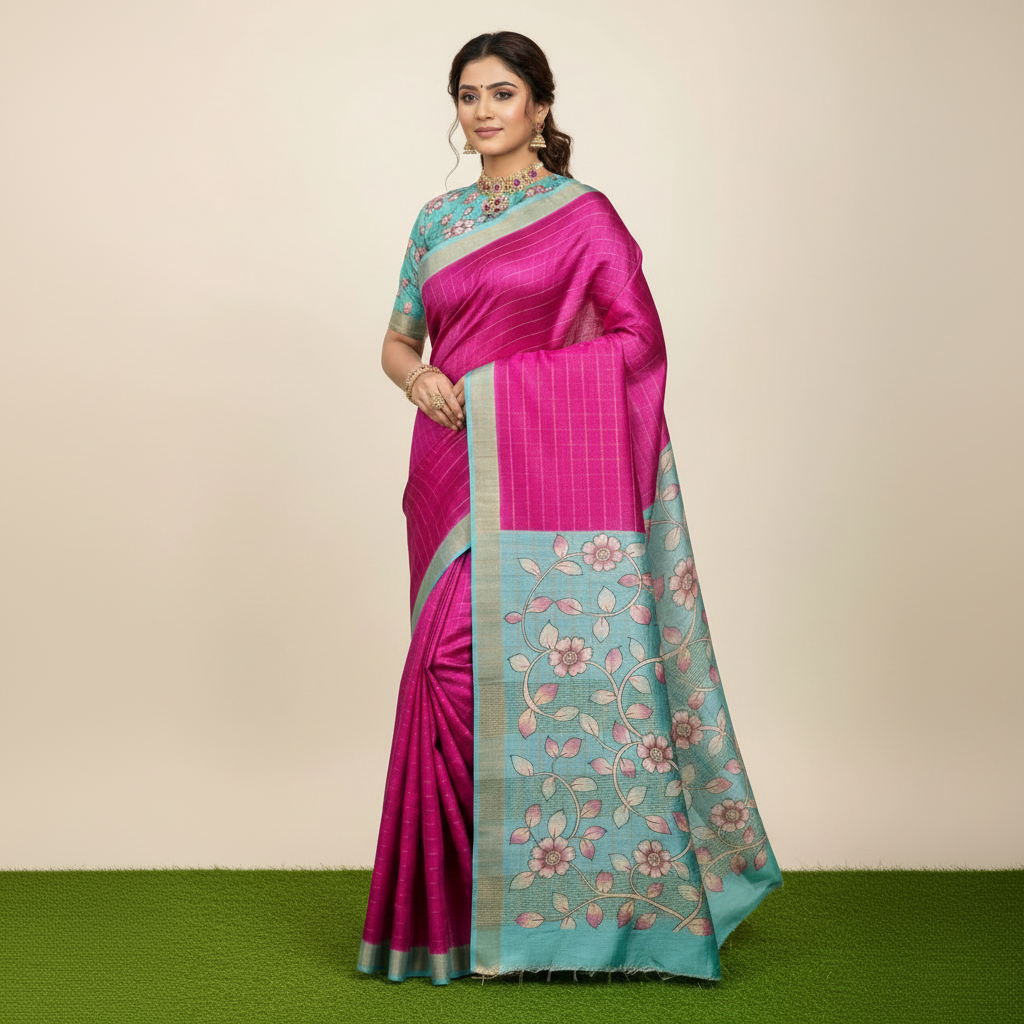 Pink Zari Checked Pure Tussar Silk Saree