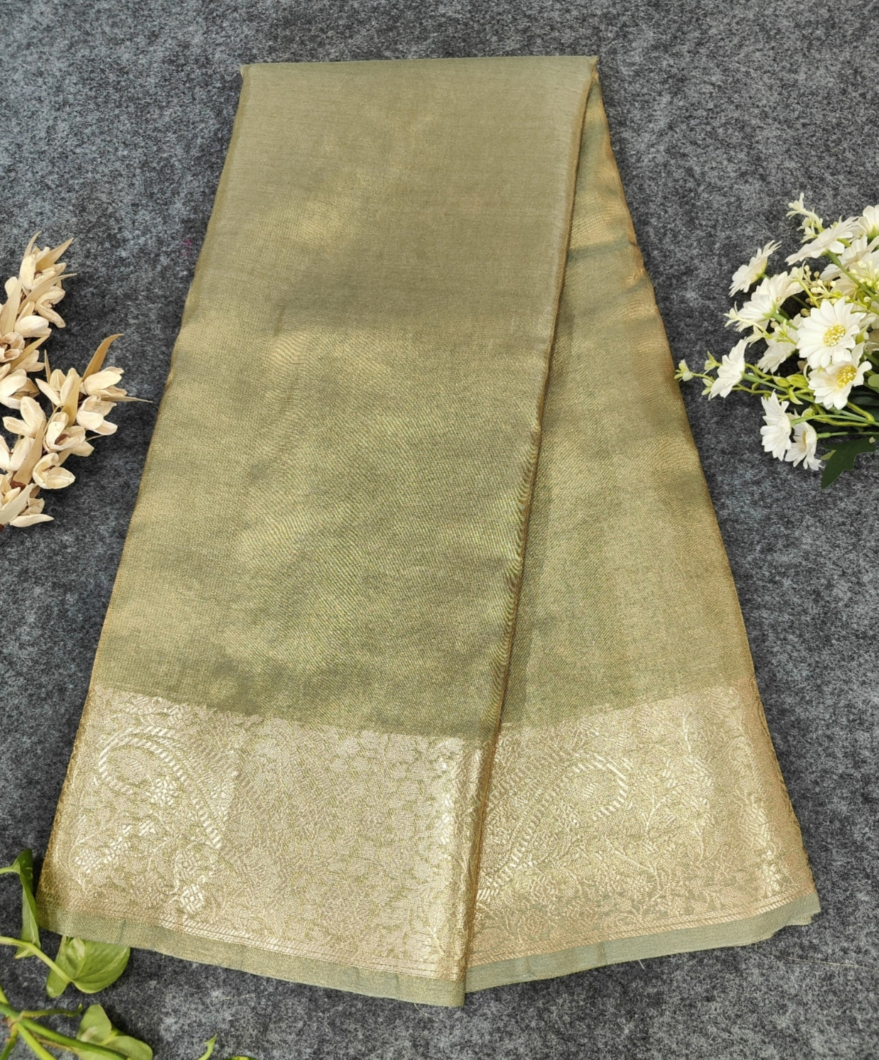 Olive Green Shimmer Banarasi Soft Tissue Silk Saree