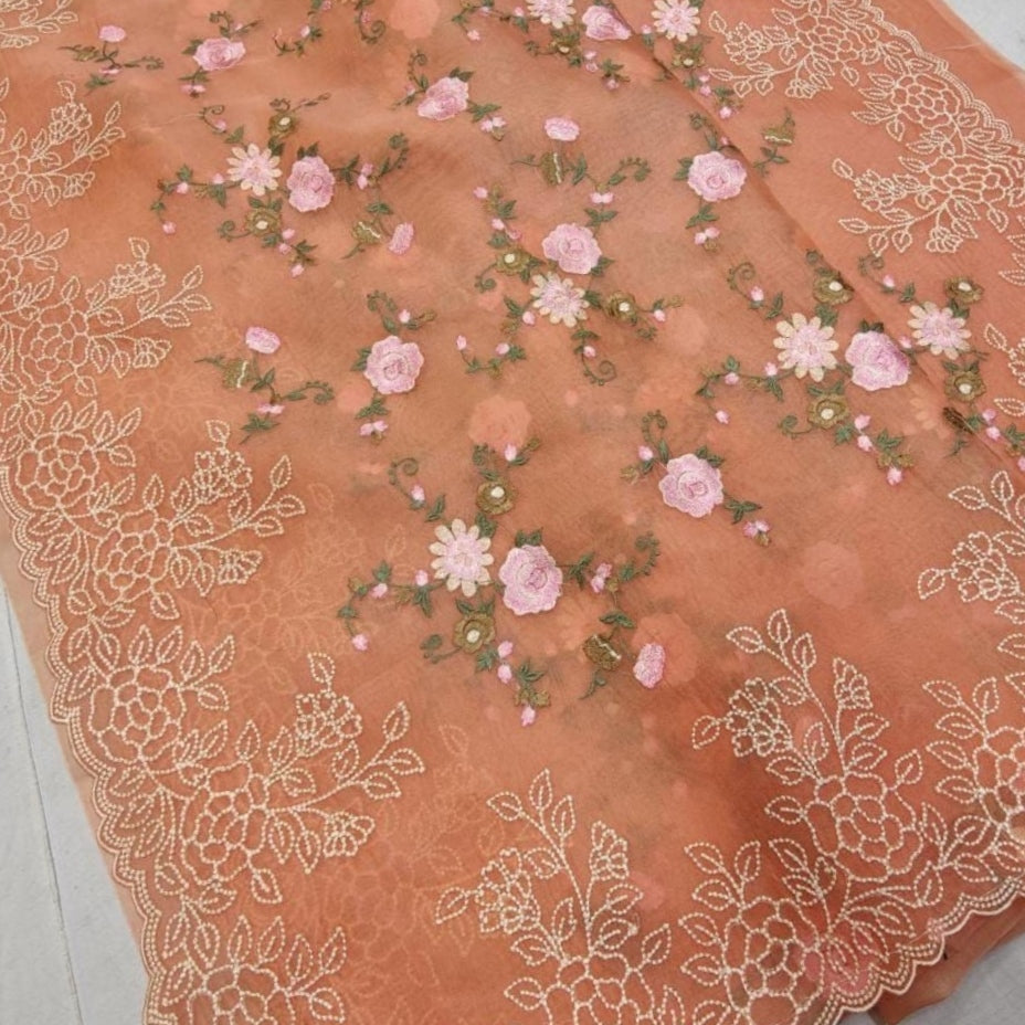 Orange Intricate Floral Embroidery Organza Saree