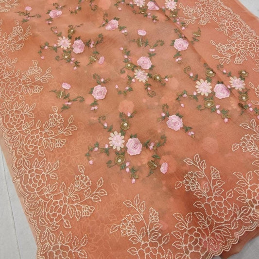 Orange Intricate Floral Embroidery Organza Saree