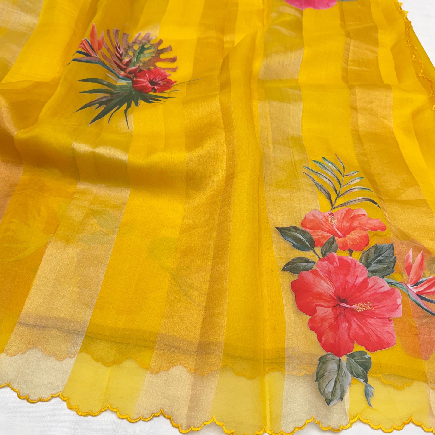 Mustard Gold Stripes Floral Appliqué Pure Tissue Organza Saree