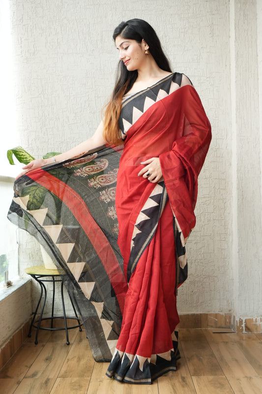 Red Temple Chanderi Silk Cotton Saree