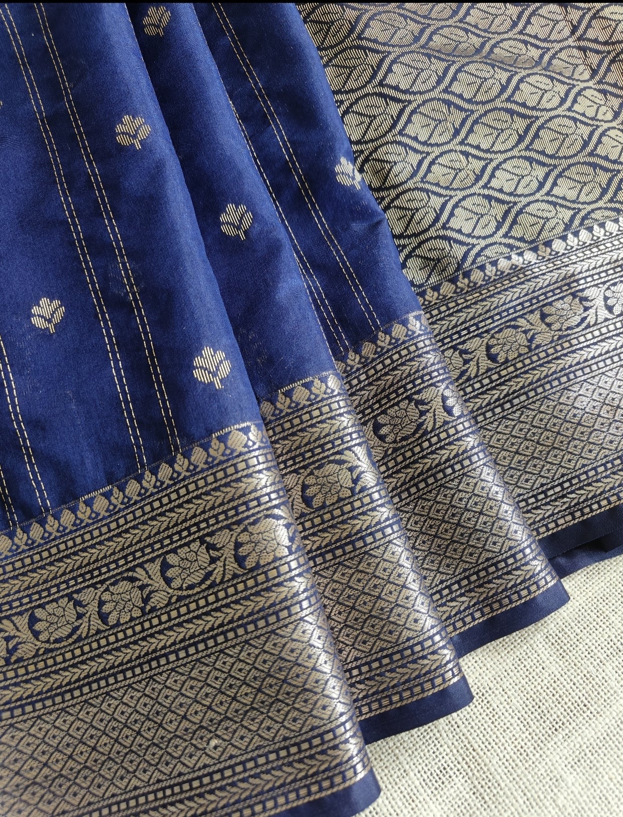 Dark Navy Blue with Silver Antique Silk Saree