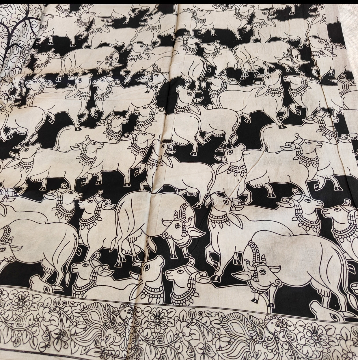 Black and White Cow pattern Kalamkari Cotton Saree