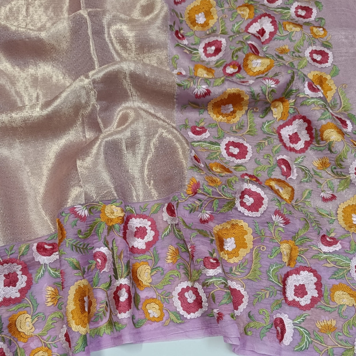 Lilac Brocade Floral Embroidery Pure Organza Saree