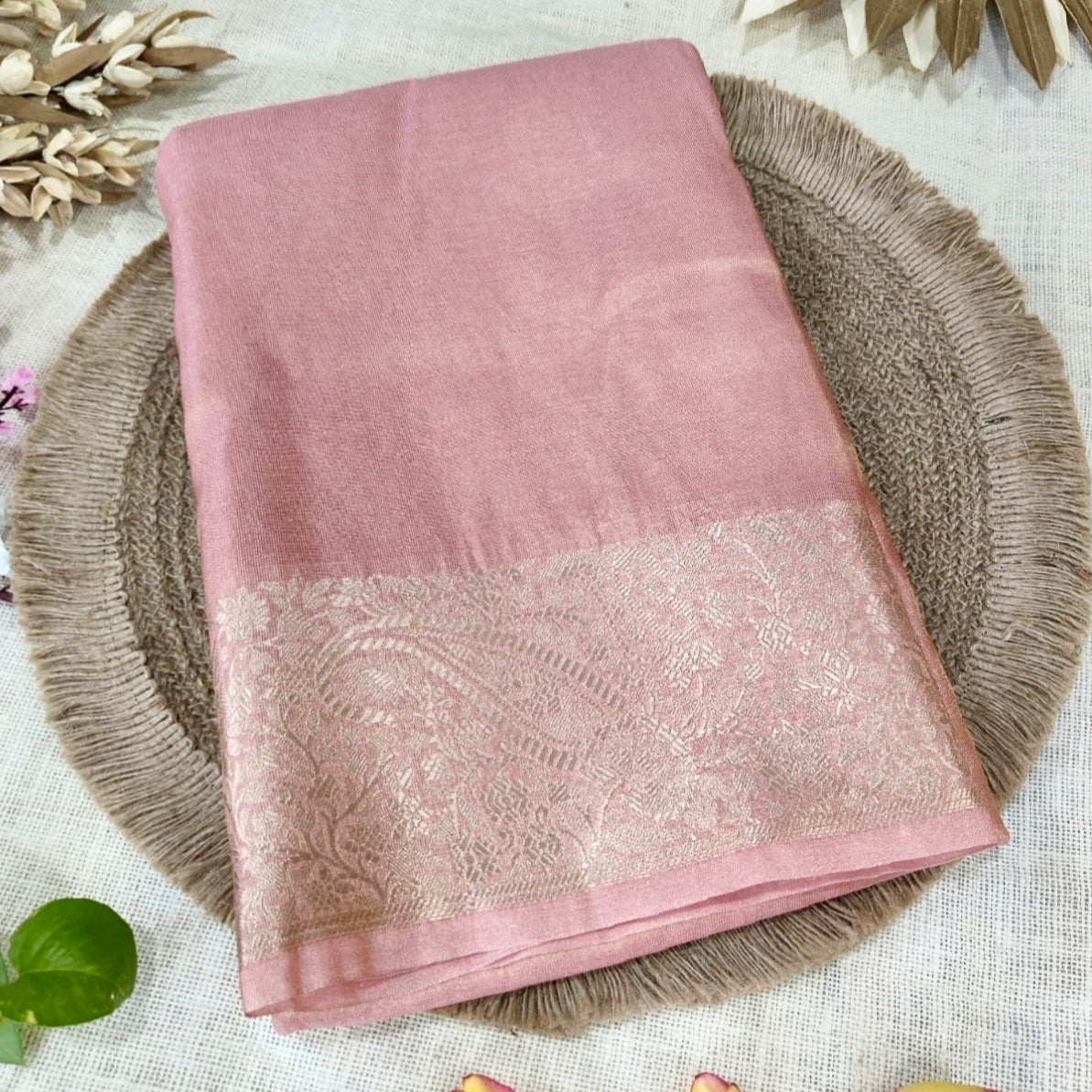 Baby Pink Shimmer Banarasi Soft Tissue Silk Saree