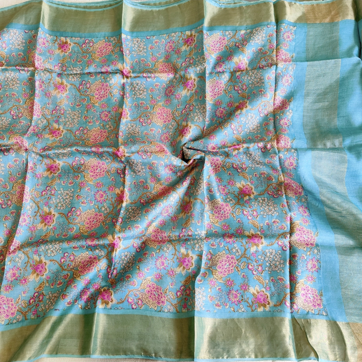 Blue with Pink Floral TussarSaree