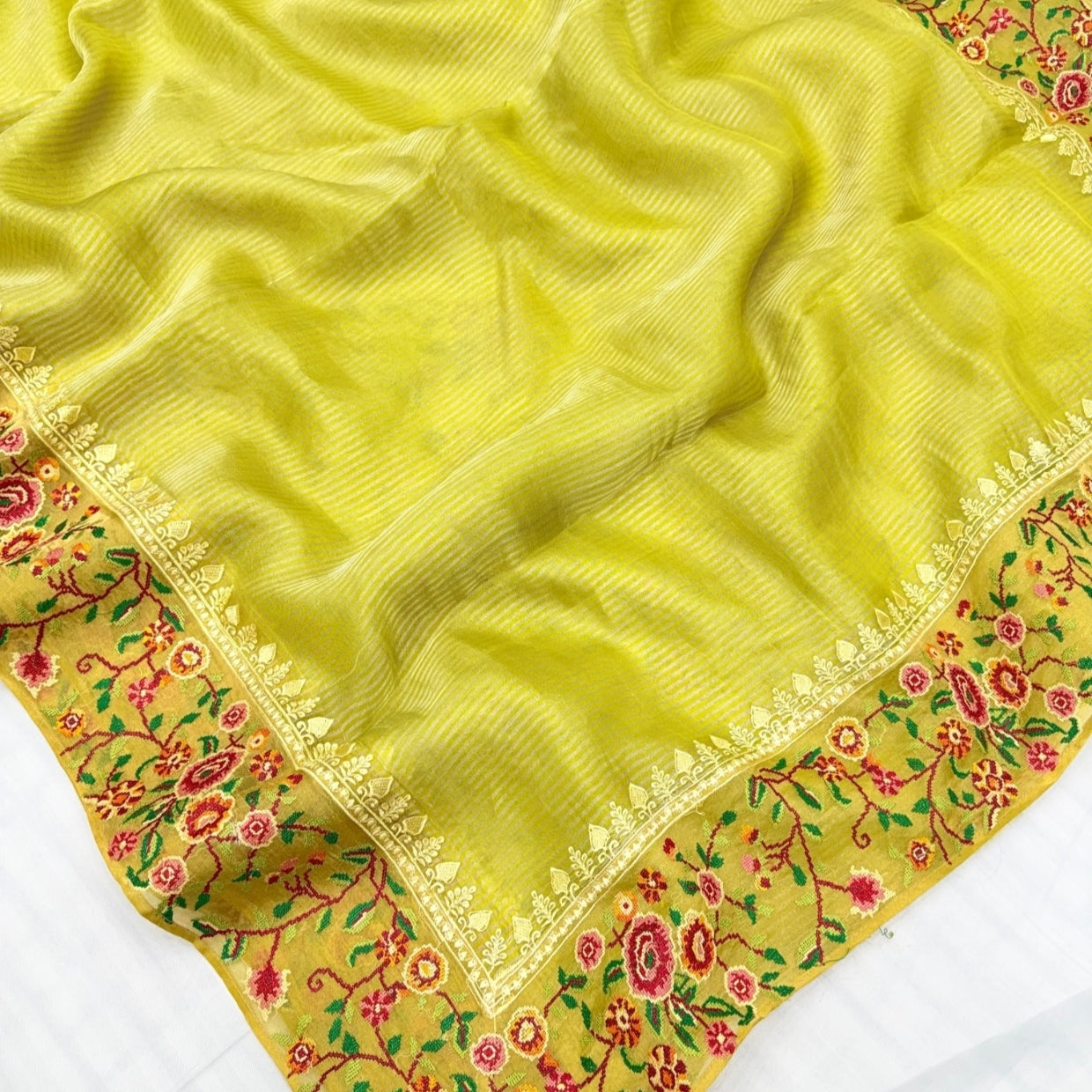 Lemon Green  Pure Tissue Petit Embroidery Saree