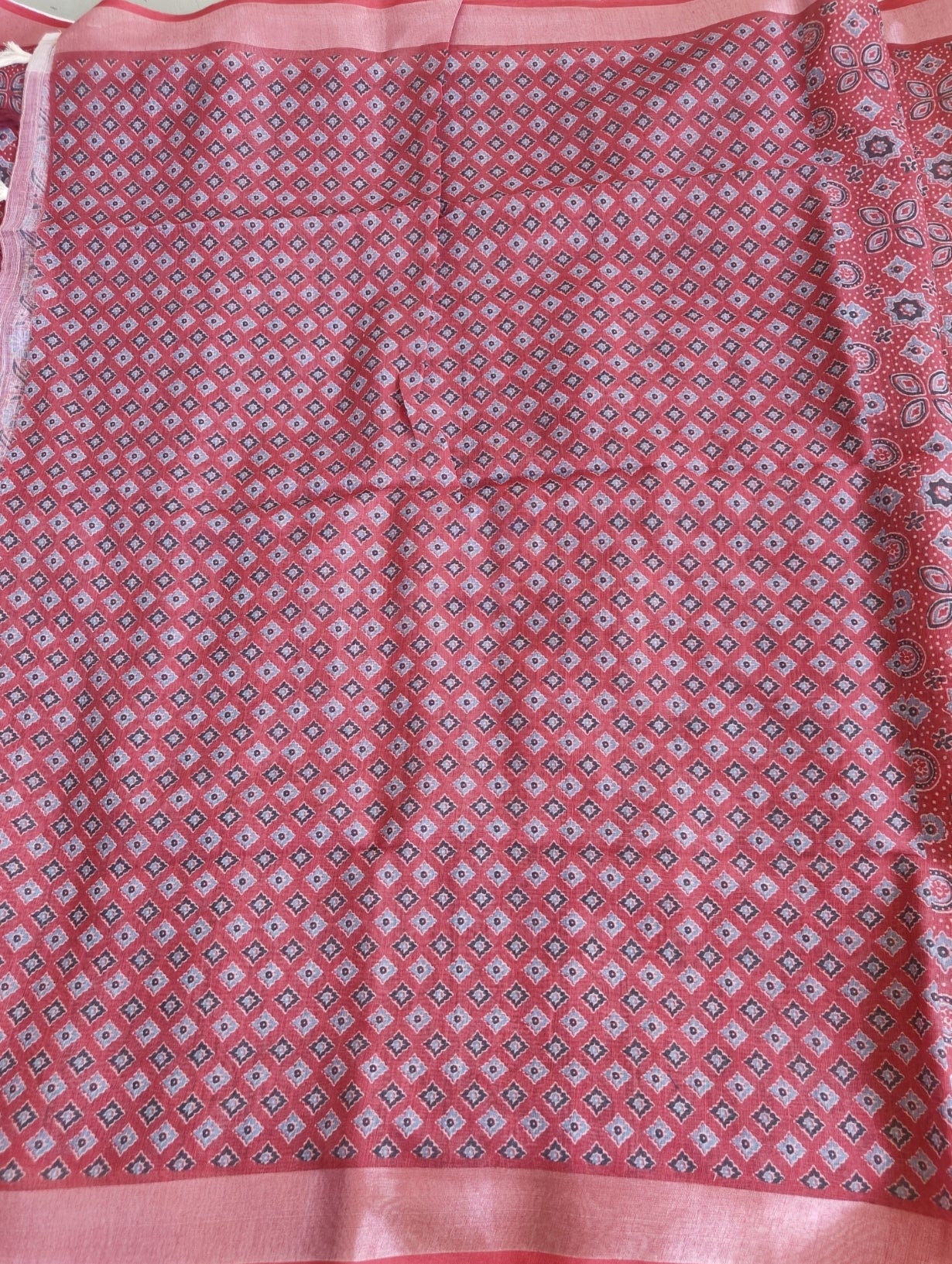 Maroon Ajrakh Printed Linen Saree