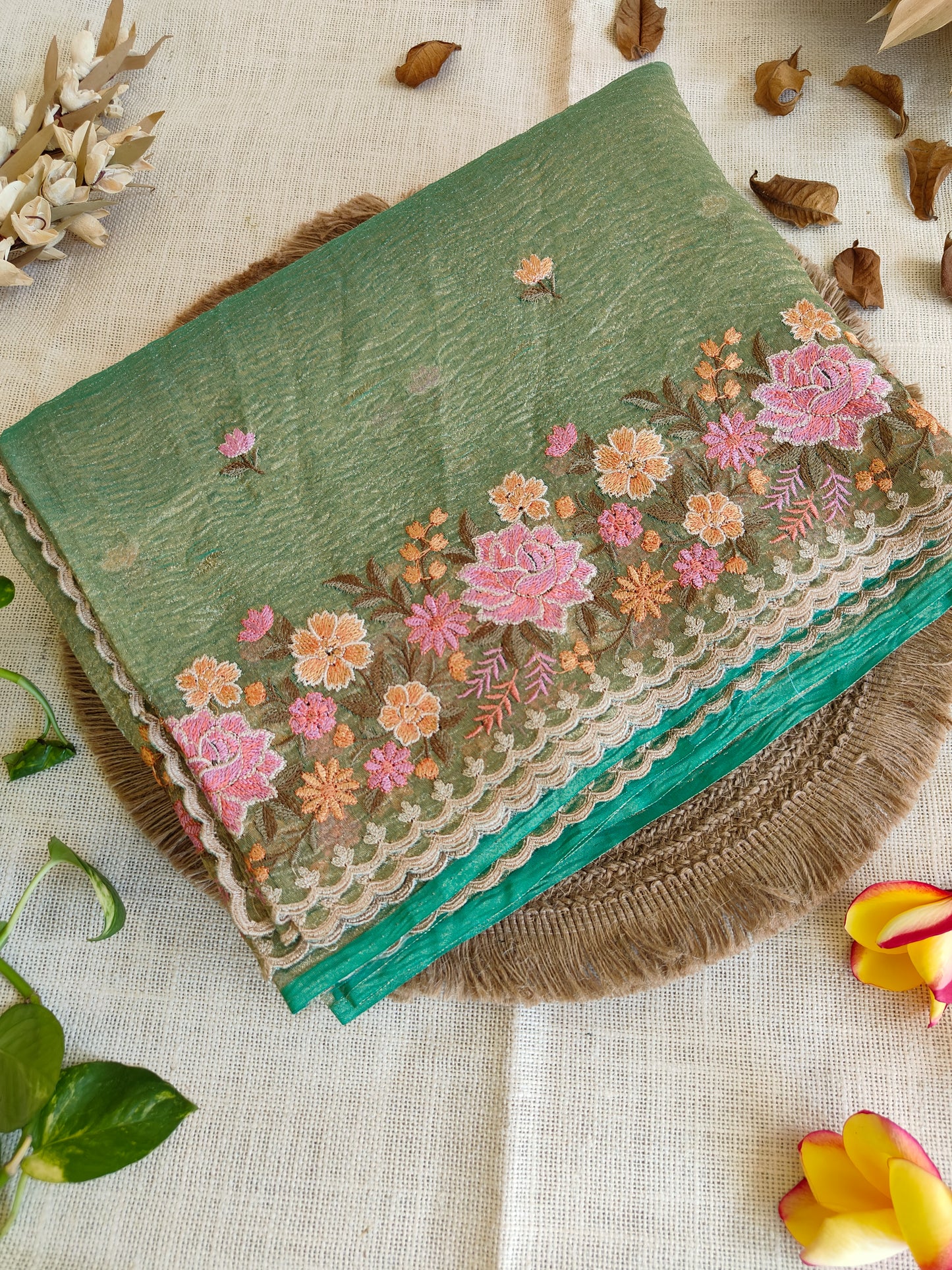 Olive Green Crush Tissue Silk Embroidery Saree