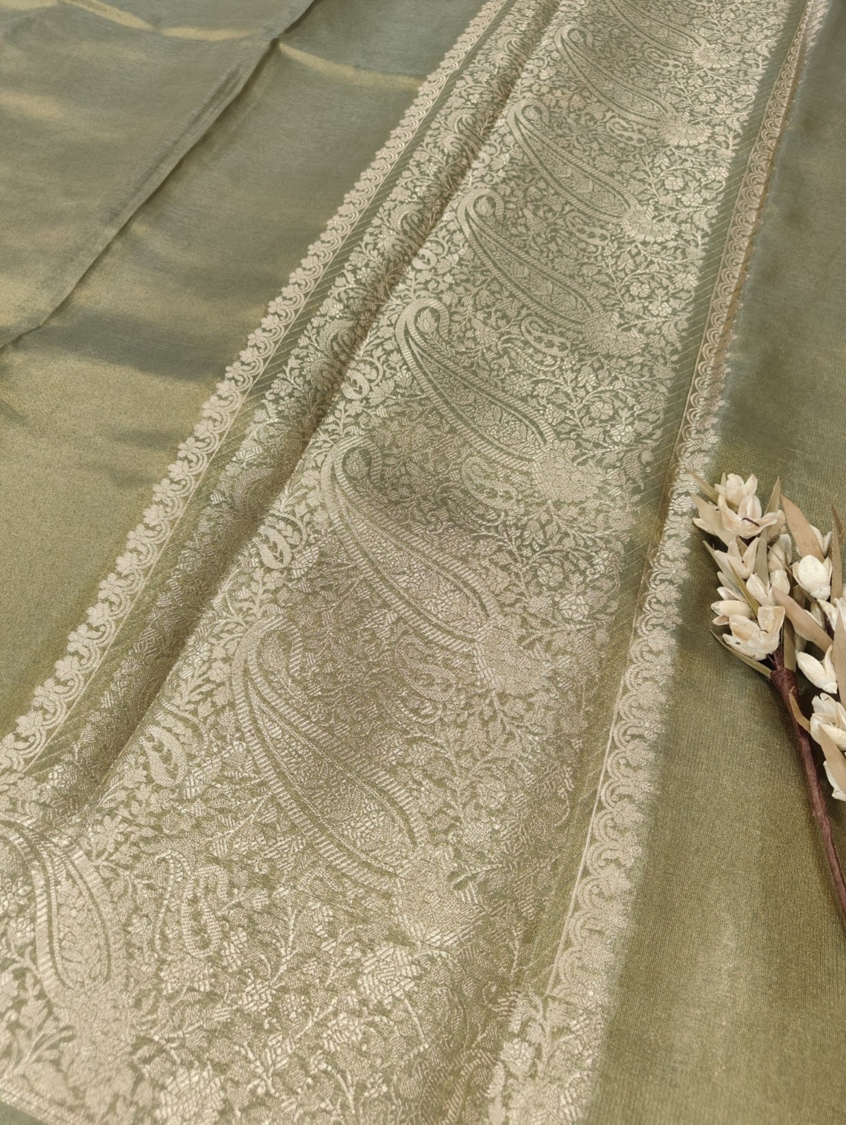 Olive Green Shimmer Banarasi Soft Tissue Silk Saree