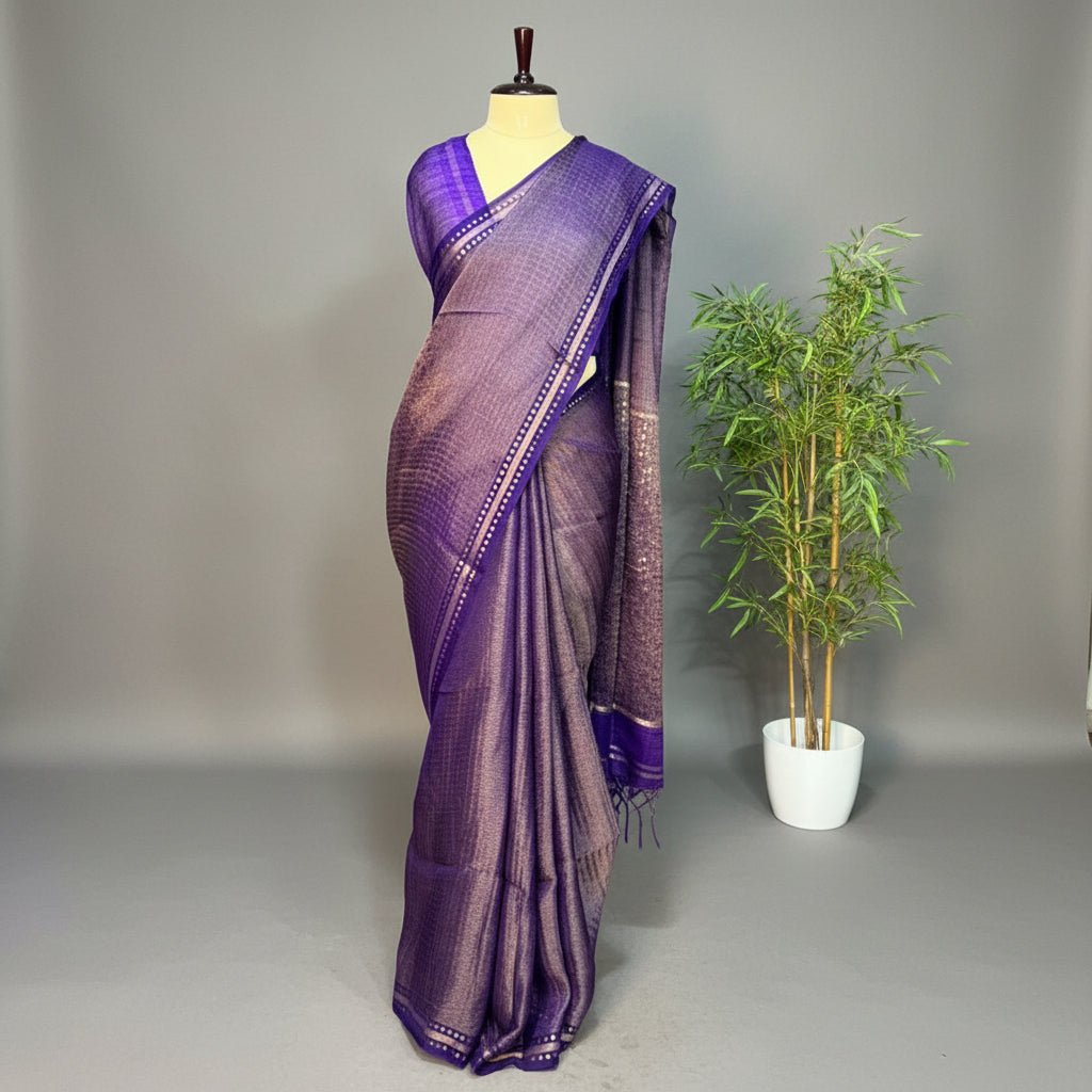 Royal Blue Pure Muslin Tissue Sequin Saree - Vini's Ethnic