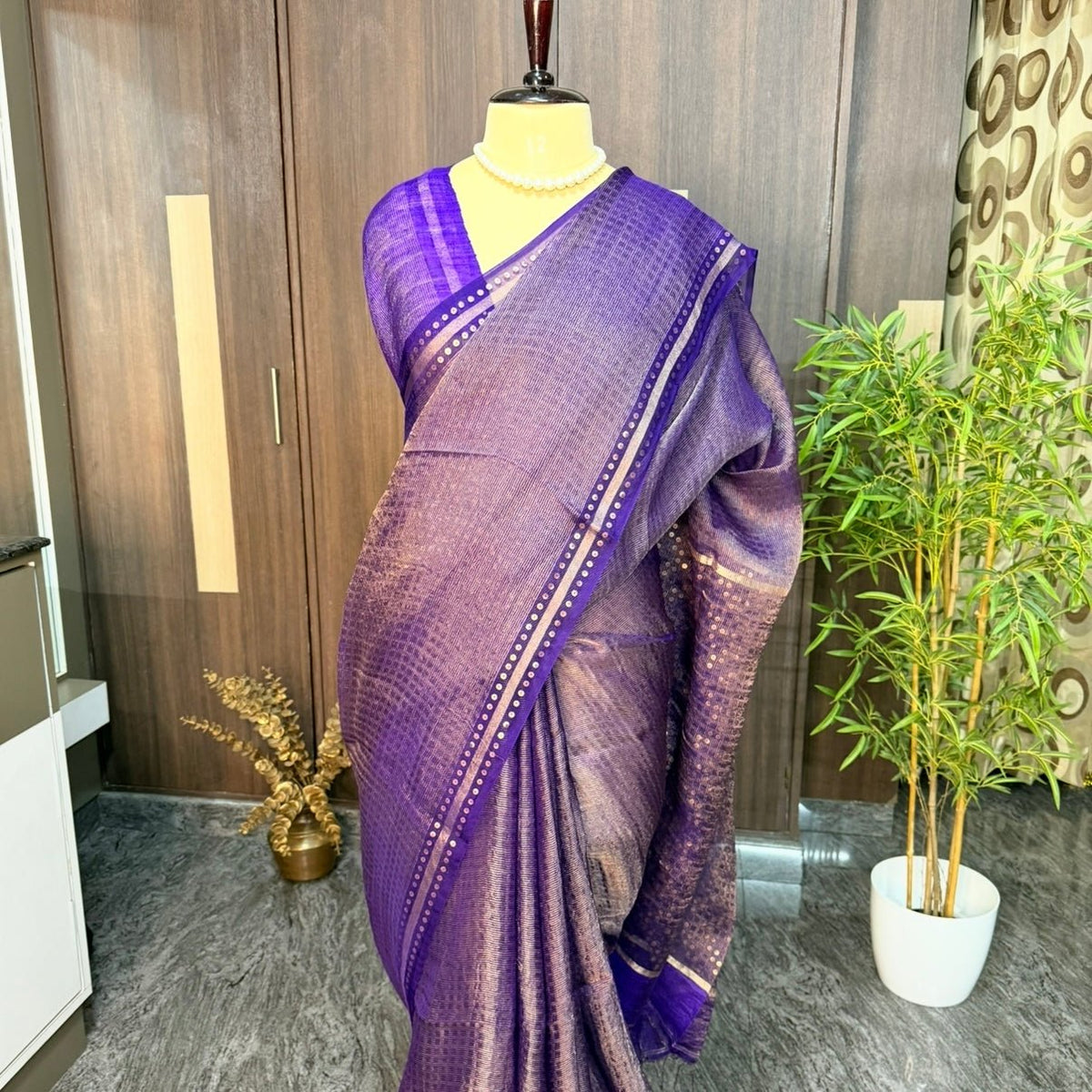 Royal Blue Pure Muslin Tissue Sequin Saree - Vini's Ethnic