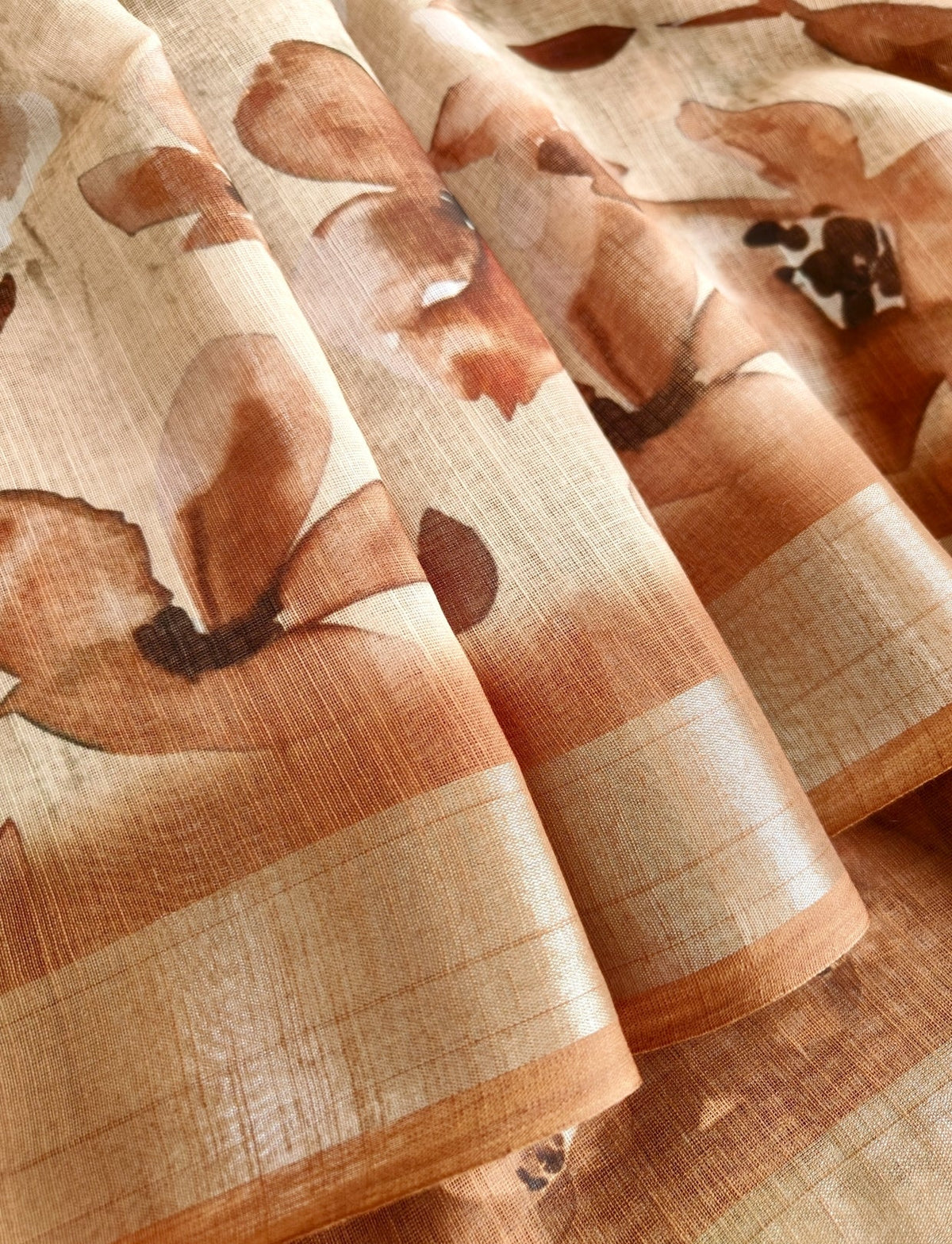Rust Orange Floral Linen Saree - Vini's Ethnic