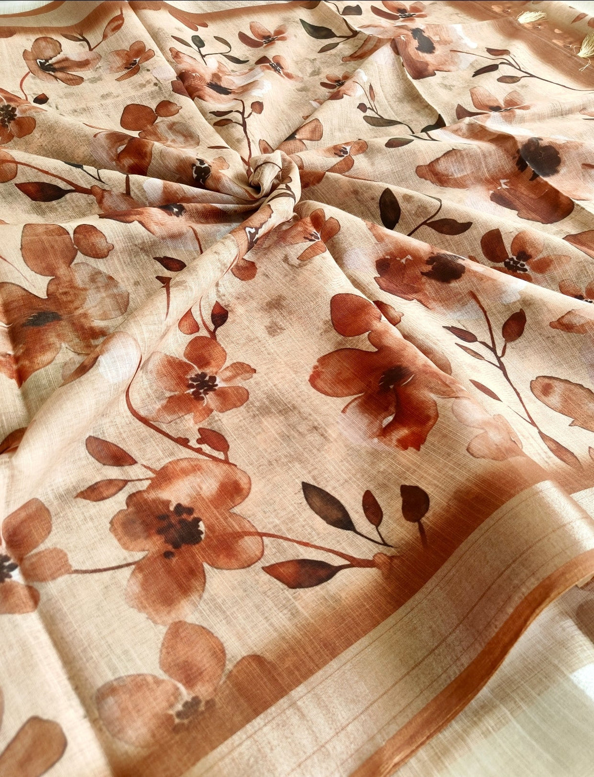 Rust Orange Floral Linen Saree - Vini's Ethnic