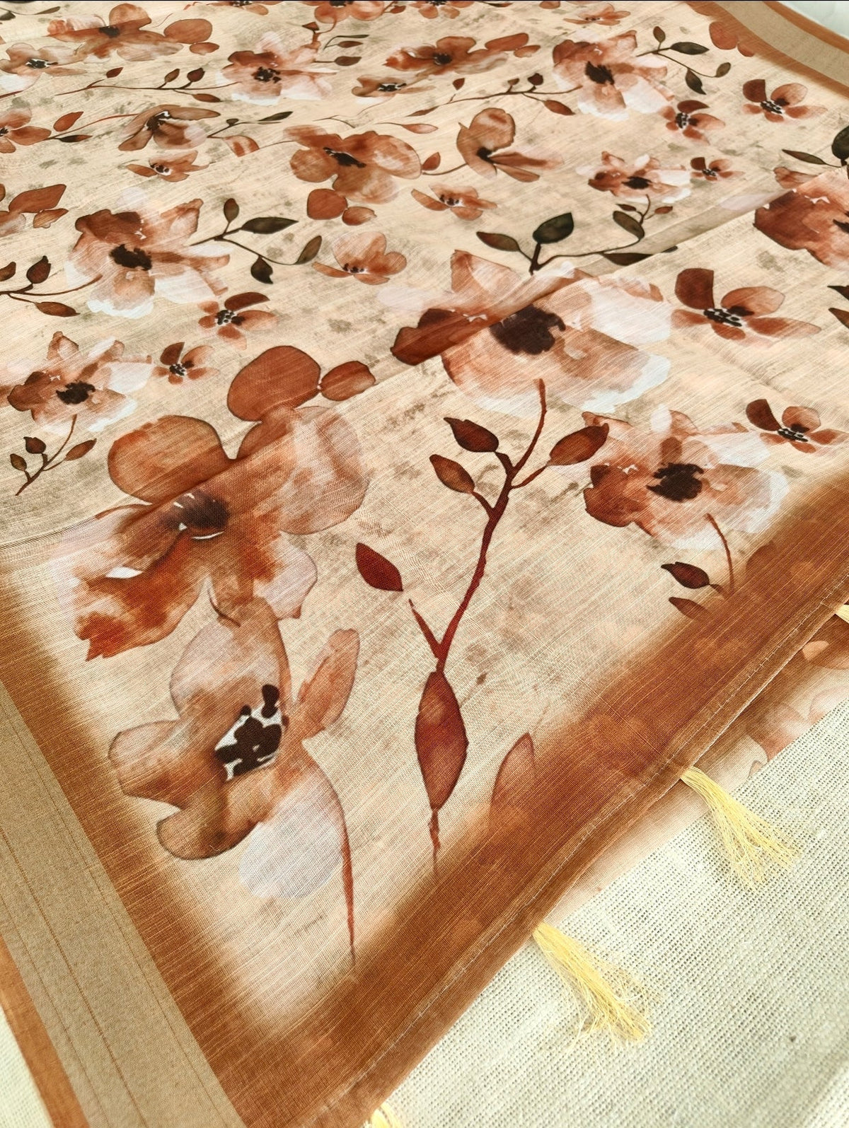 Rust Orange Floral Linen Saree - Vini's Ethnic