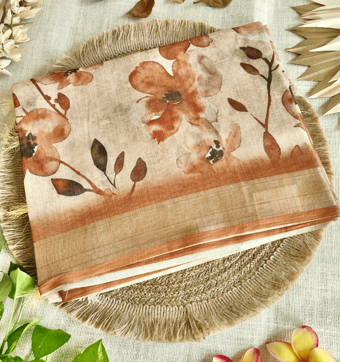 Rust Orange Floral Linen Saree - Vini's Ethnic