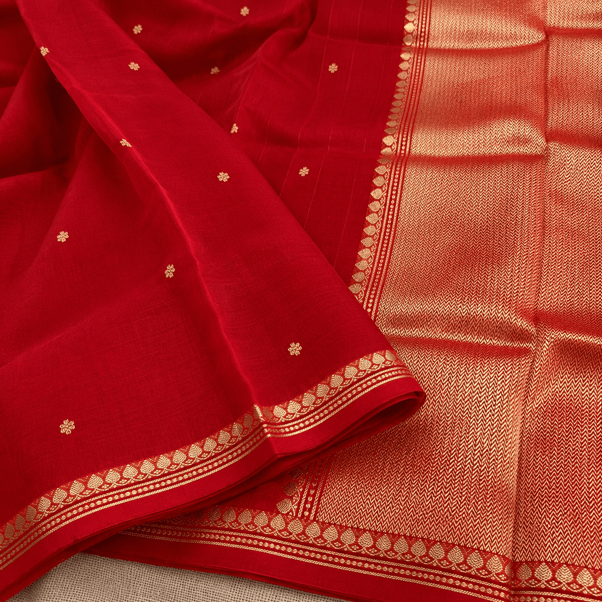 Scarlet Red Pure Kora Silk Saree - Vini's Ethnic