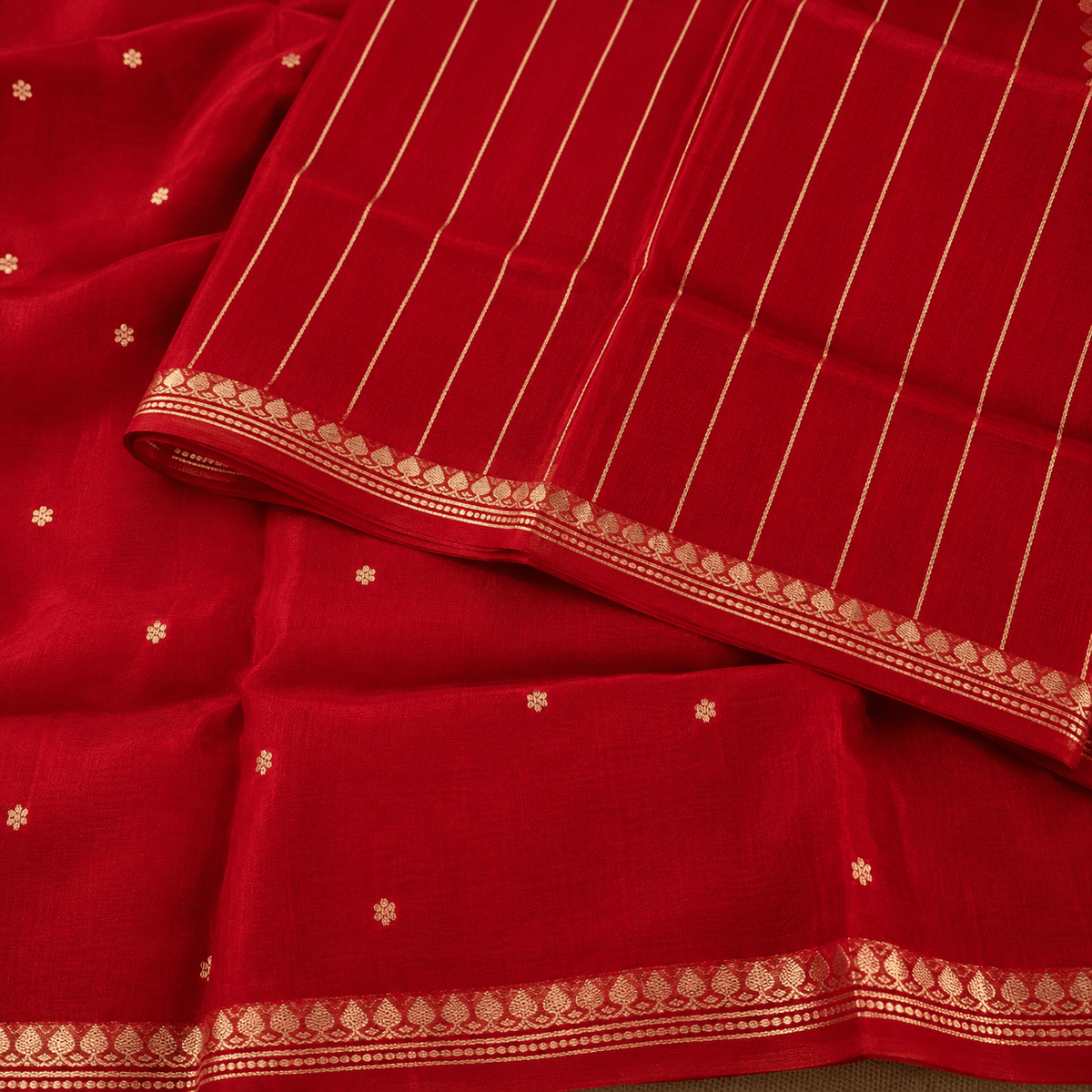 Scarlet Red Pure Kora Silk Saree - Vini's Ethnic