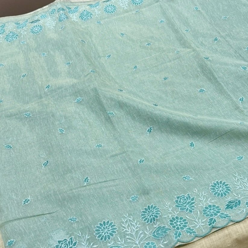 Sea Green Floral Embroidery Tissue Linen Saree - Vini's Ethnic