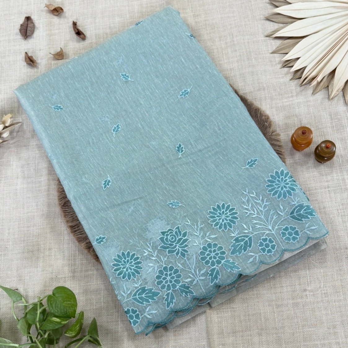 Sea Green Floral Embroidery Tissue Linen Saree - Vini's Ethnic