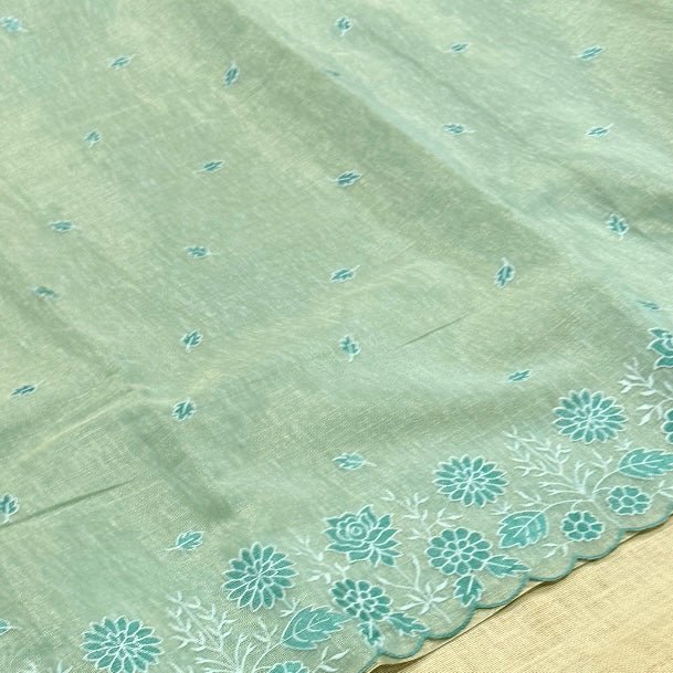 Sea Green Floral Embroidery Tissue Linen Saree - Vini's Ethnic