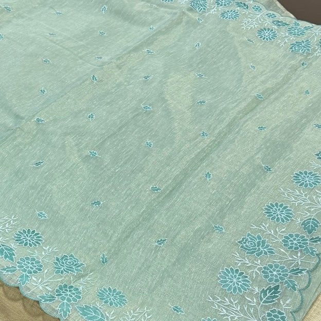 Sea Green Floral Embroidery Tissue Linen Saree - Vini's Ethnic