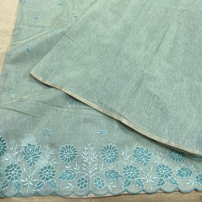 Sea Green Floral Embroidery Tissue Linen Saree - Vini's Ethnic