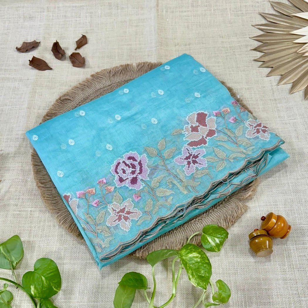 Sea green Floral Shimmer Tussar Saree - Vini's Ethnic
