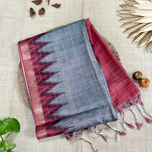 Silver Grey with Deep Maroon Semi Tussar Saree - Vini's Ethnic