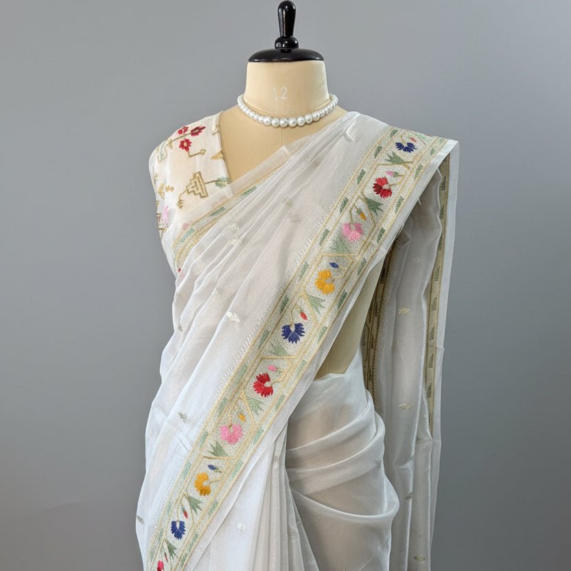 Silver Paithani Border Pure Tissue Saree - Vini's Ethnic