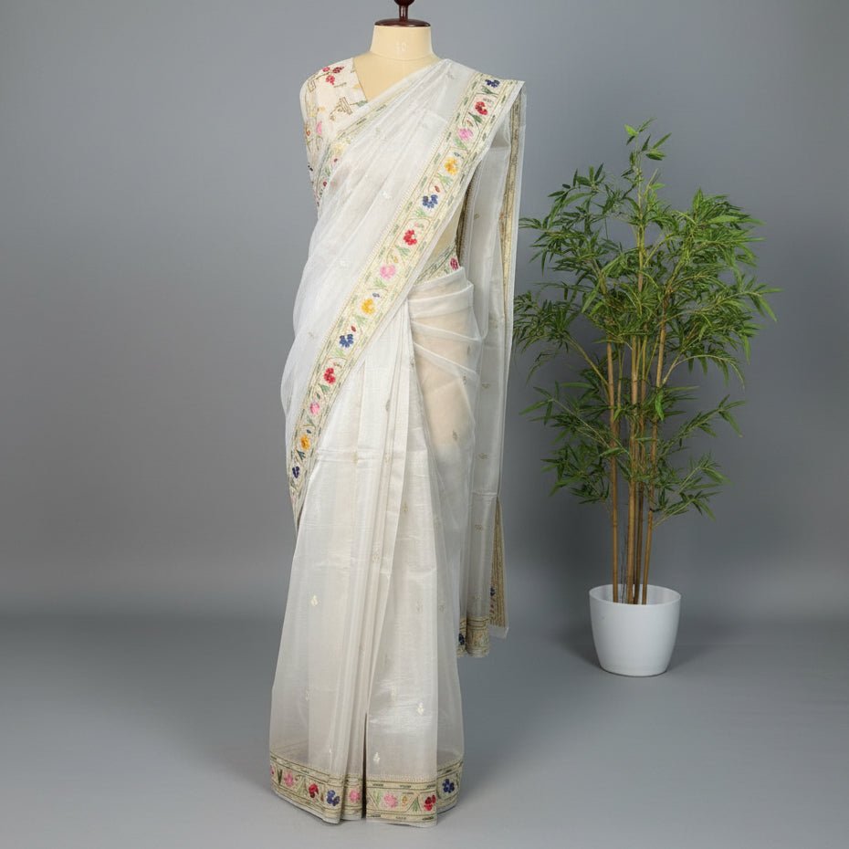 Silver Paithani Border Pure Tissue Saree - Vini's Ethnic