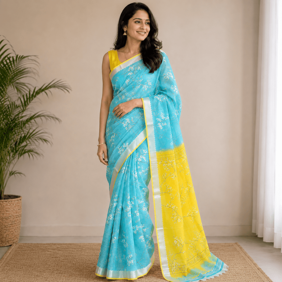 Sky Blue n Yellow Floral Embroidery Linen Saree - Vini's Ethnic