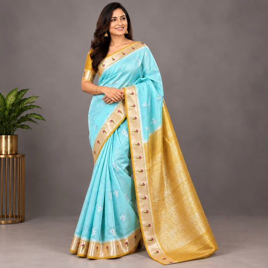 Soft pastel aqua Paithani style pure Kora silk saree with gold and silver zari muniya border – Vini's Ethnic