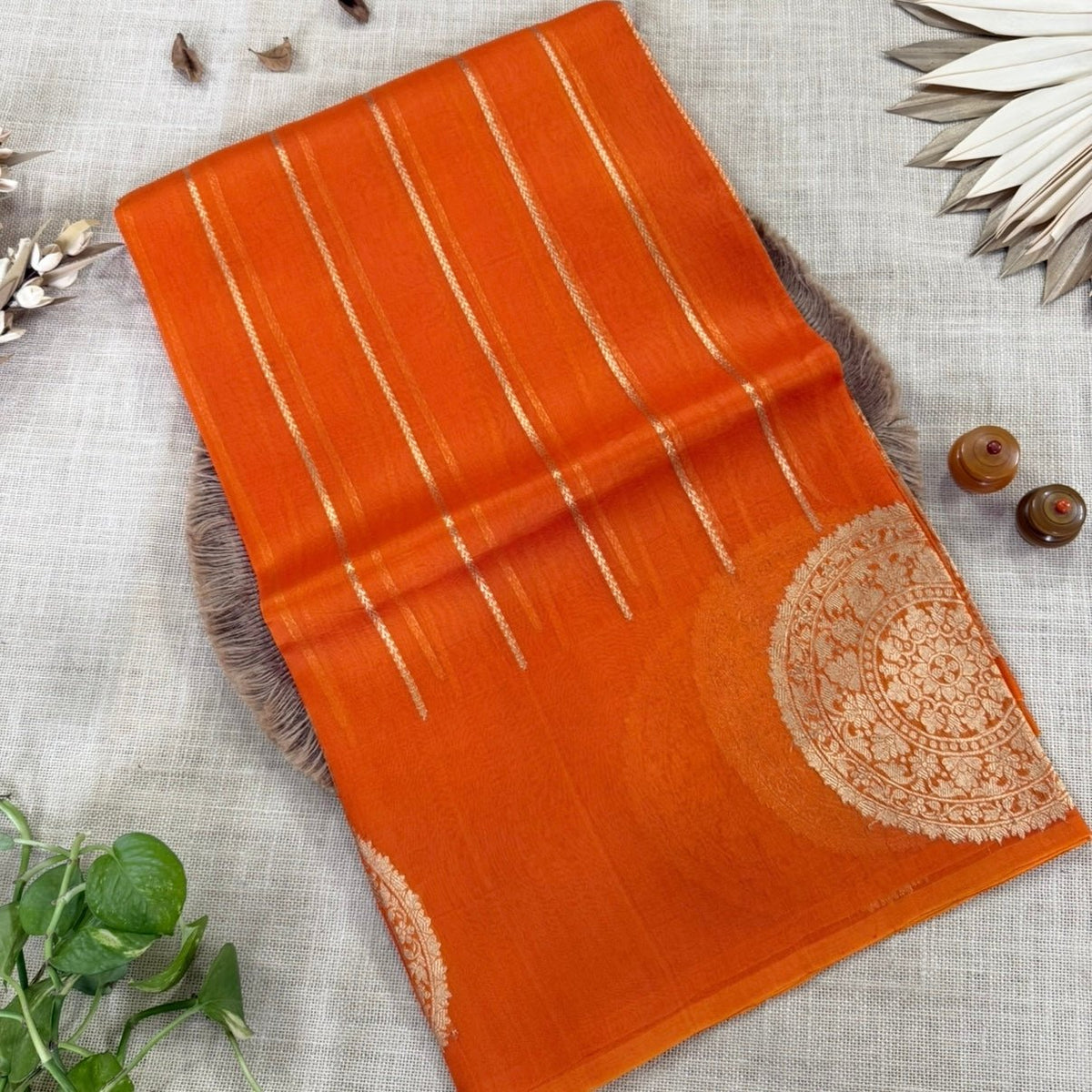 Sunset Orange Pure Kora Silk Saree - Vini's Ethnic