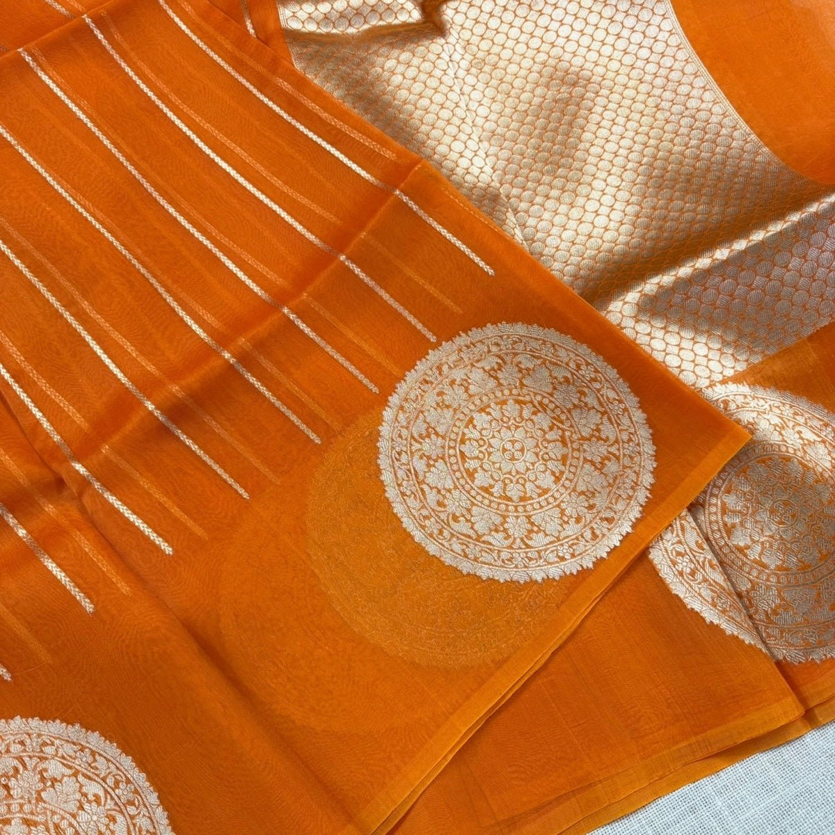 Sunset Orange Pure Kora Silk Saree - Vini's Ethnic