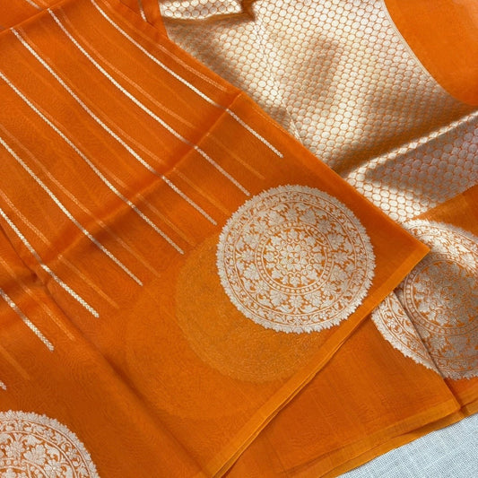 Sunset Orange Pure Kora Silk Saree - Vini's Ethnic
