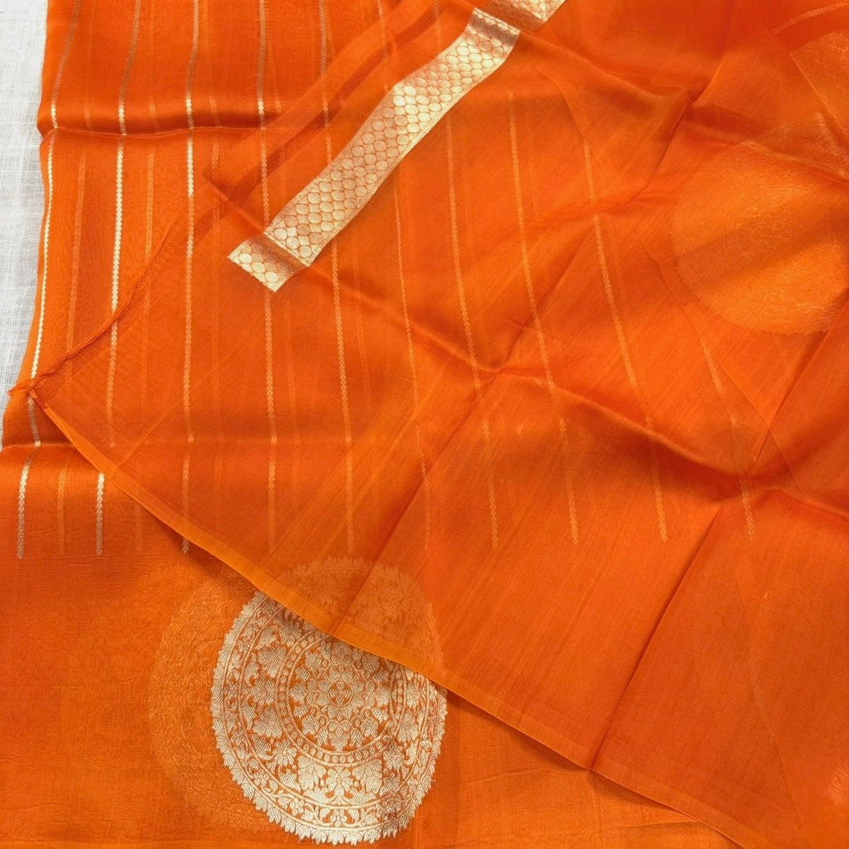 Sunset Orange Pure Kora Silk Saree - Vini's Ethnic